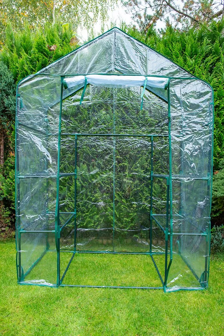 Складаний парник Neo Tools 195x143x73 см з 4 полицями, ПВХ плівка, зелений колір.