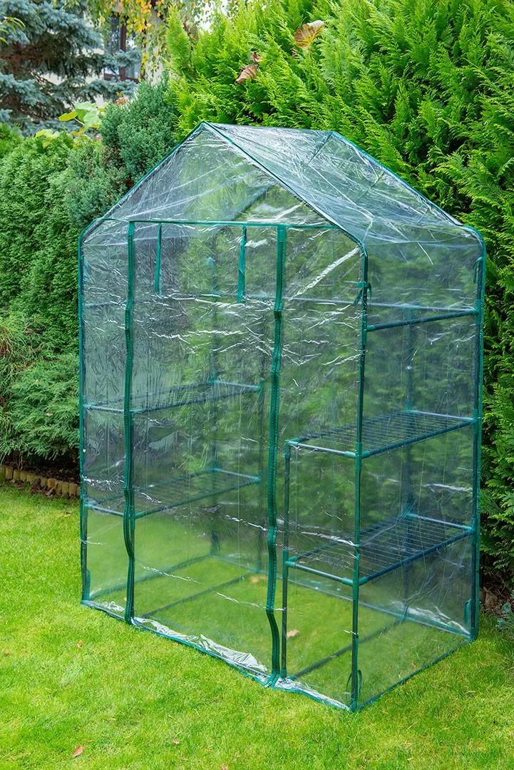 Складаний парник Neo Tools 195x143x73 см з 4 полицями, ПВХ плівка, зелений колір.