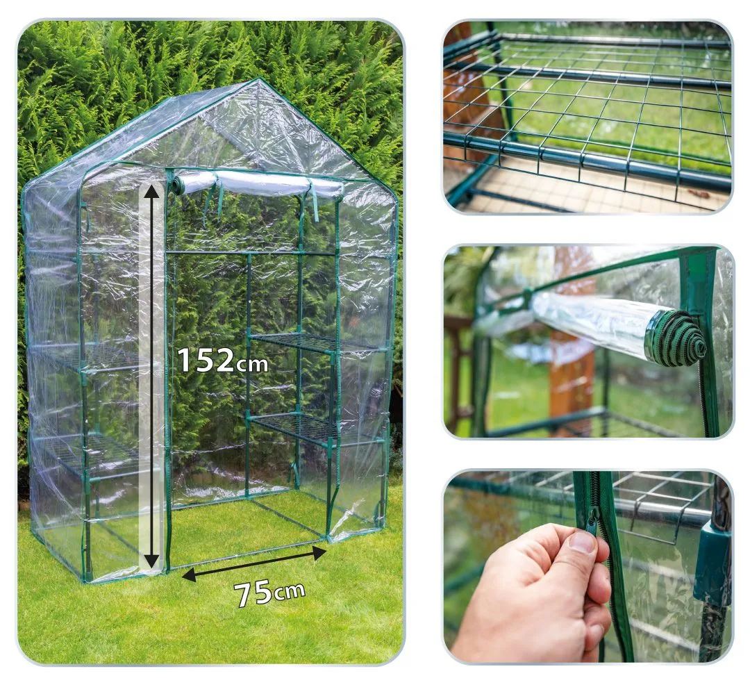 Складаний парник Neo Tools 195x143x73 см з 4 полицями, ПВХ плівка, зелений колір.