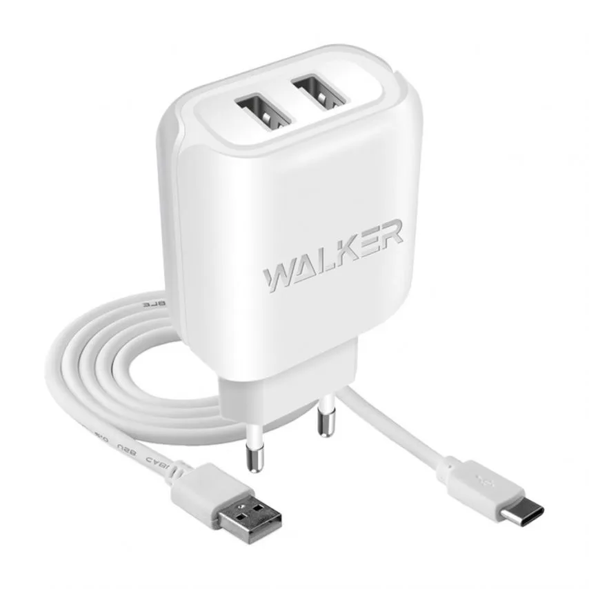 Мережевий зарядний пристрій WALKER пластик 67х47х25 мм білий 2USB 2.1A Type-C