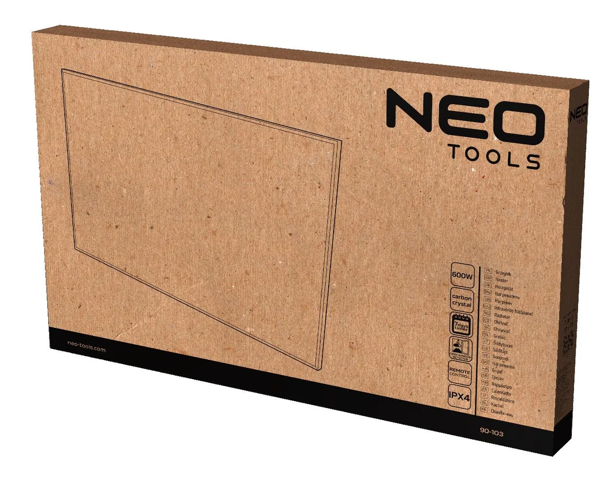Инфракрасная панель Neo Tools, 600 Вт, с дистанционным управлением, размеры 100х60х38 см, класс защиты IP24, встроенный термостат, белая