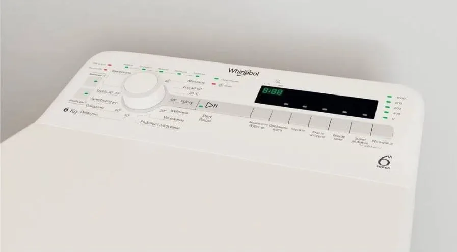 Пральна машина Whirlpool вертикального завантаження, 6 кг, 1000 об/хв, клас енергоефективності C, 60 см, з дисплеєм, біла.