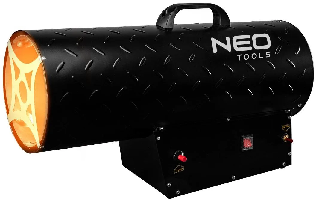 Газова теплова гармата Neo Tools, потужність 50 кВт, для обігріву площі до 500 м2, продуктивність 1000 м3/год, чорний колір, вага