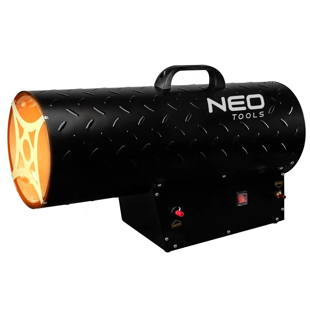 Газова теплова гармата Neo Tools, потужність 50 кВт, для обігріву площі до 500 м2, продуктивність 1000 м3/год, чорний колір, вага