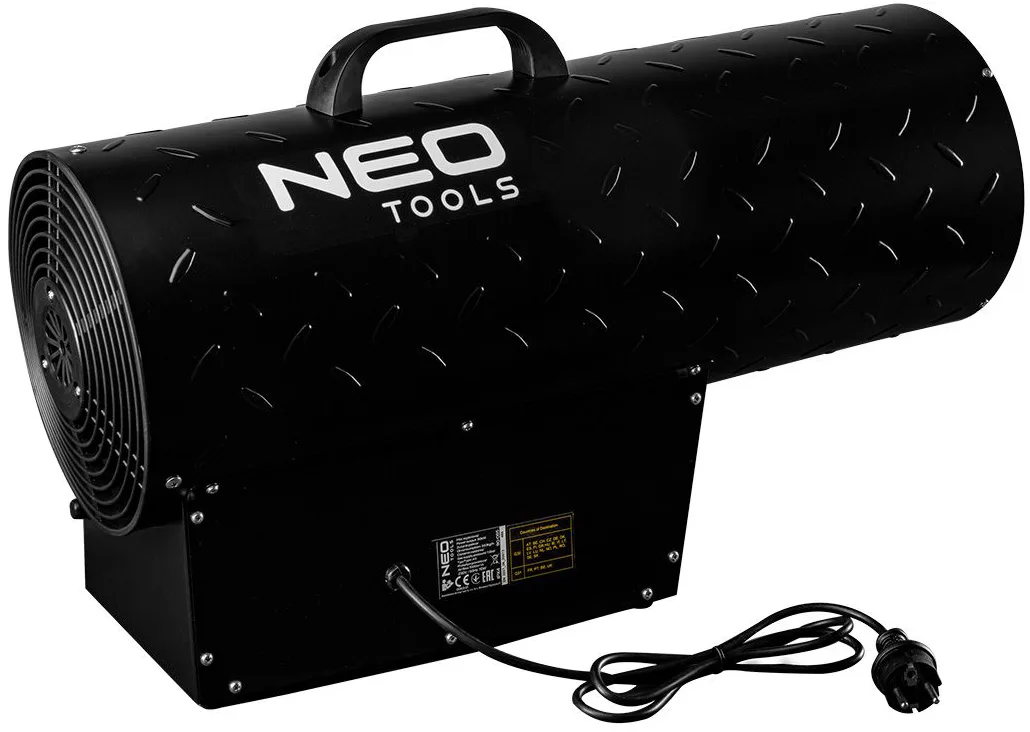 Газова теплова гармата Neo Tools, потужність 50 кВт, для обігріву площі до 500 м2, продуктивність 1000 м3/год, чорний колір, вага