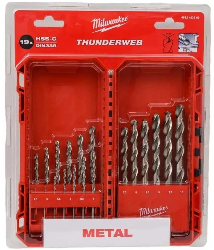 Комплект металевих свердел Milwaukee HSS-G THUNDERWEB, 1-10мм, у кейсі, 19 шт.