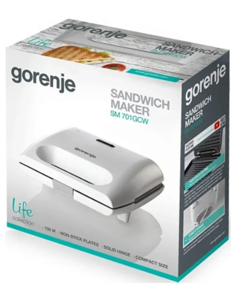 Сендвіч-мейкер Gorenje 700Вт, алюмінієва пластина-гриль, пластиковий корпус, білий.