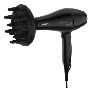 Фен Philips DryCare с AC-мотором, мощность 2200 Вт, 3 настройки скорости, диффузор, ионизация, холодный обдув, черный цвет
