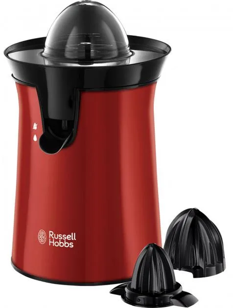 Цитрусовий прес Russell Hobbs Colours Plus, потужність 600 Вт, 2 насадки в комплекті, пластиковий корпус, червоного кольору.