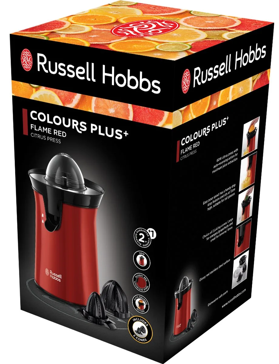 Цитрусовый пресс Russell Hobbs Colours Plus, мощность 600 Вт, 2 насадки в комплекте, пластиковый корпус, красного цвета