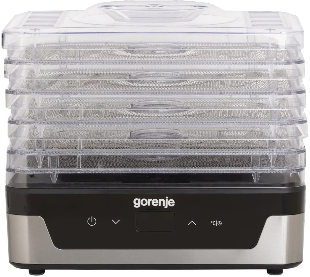 Сушарка для продуктів Gorenje, потужність 230 Вт, 5 піддонів по 2.8 см, діаметр 29 см, максимальна температура 75°C, електронне уп