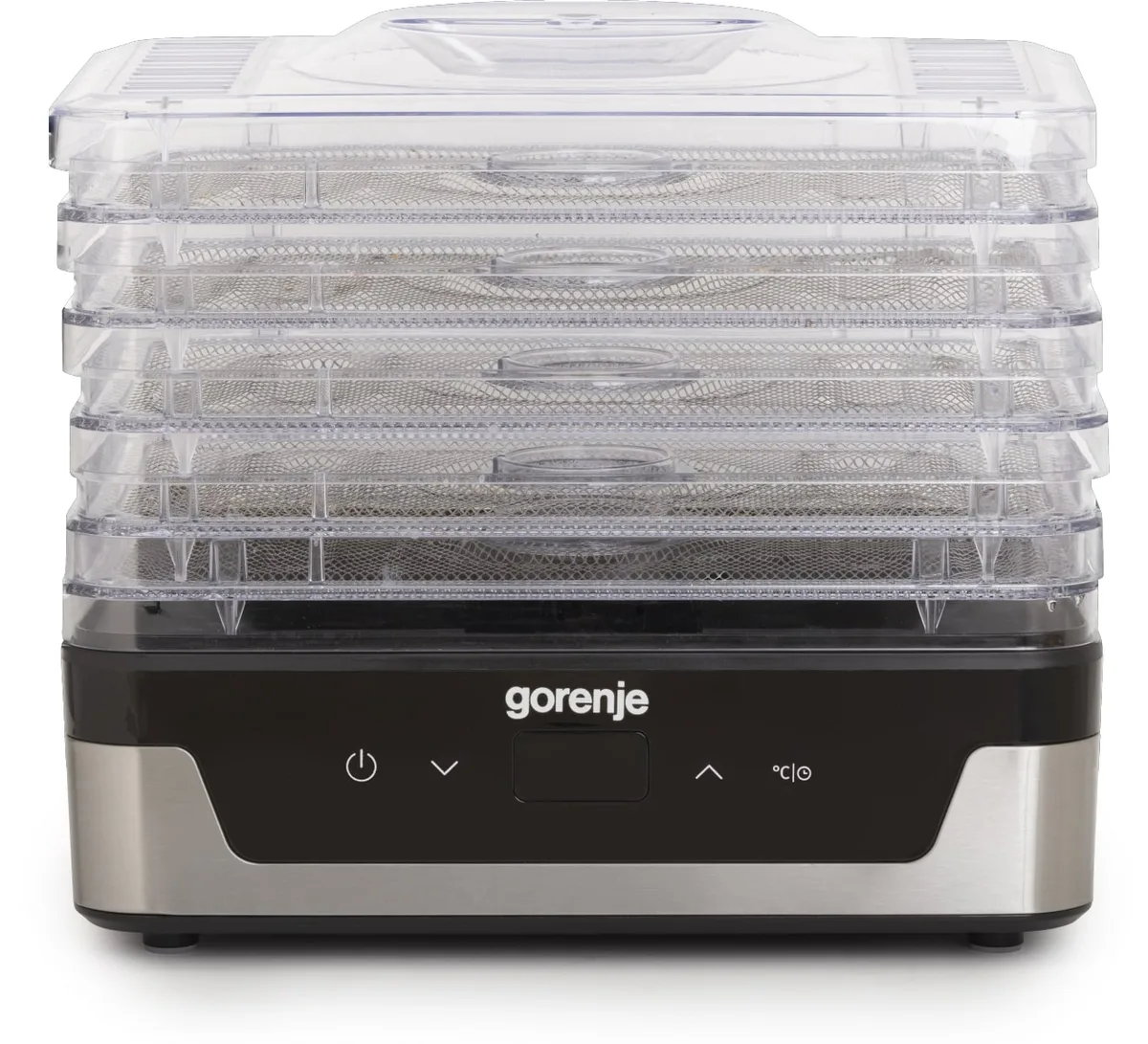 Сушилка для продуктов Gorenje, мощность 230 Вт, 5 поддонов по 28 см, диаметр 29 см, максимальная температура 75°C, электронное управление, белый цвет