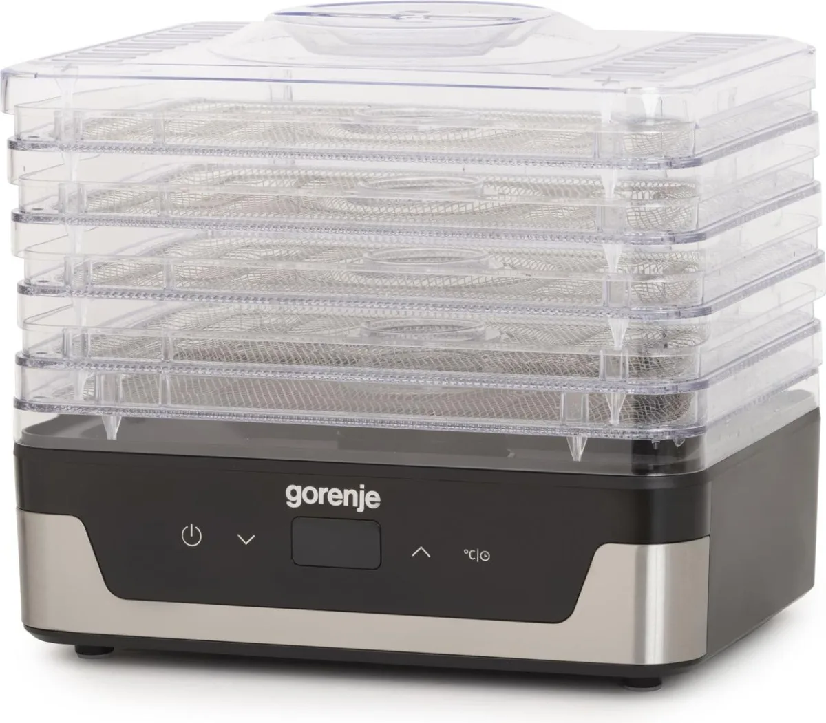 Сушилка для продуктов Gorenje, мощность 230 Вт, 5 поддонов по 28 см, диаметр 29 см, максимальная температура 75°C, электронное управление, белый цвет
