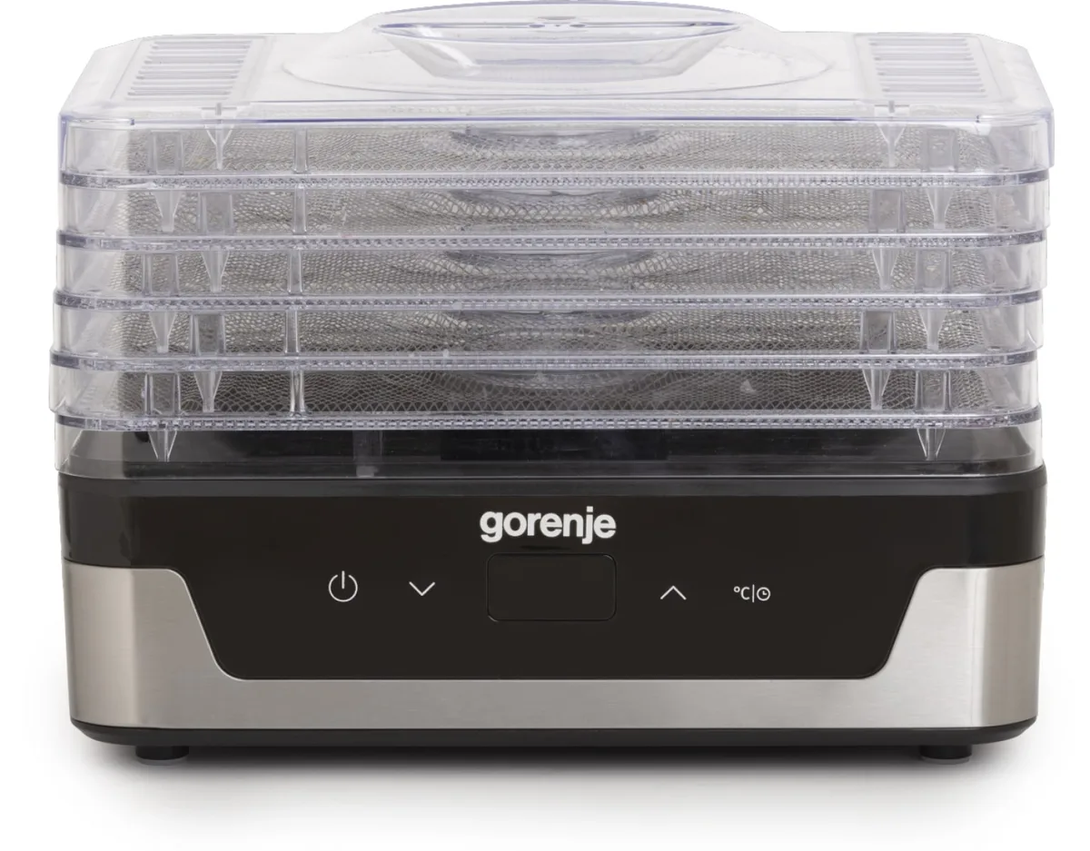 Сушилка для продуктов Gorenje, мощность 230 Вт, 5 поддонов по 28 см, диаметр 29 см, максимальная температура 75°C, электронное управление, белый цвет