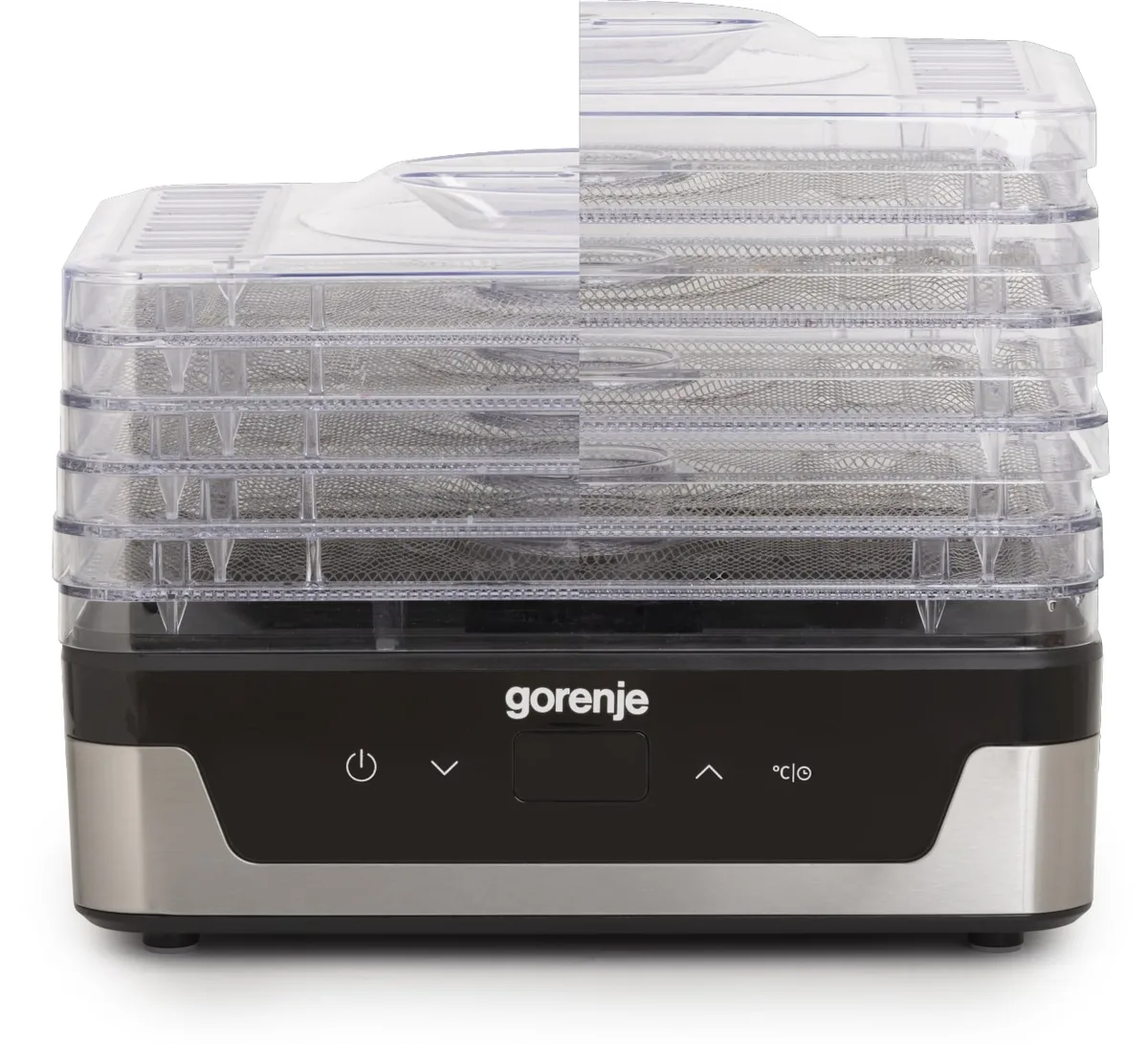 Сушилка для продуктов Gorenje, мощность 230 Вт, 5 поддонов по 28 см, диаметр 29 см, максимальная температура 75°C, электронное управление, белый цвет