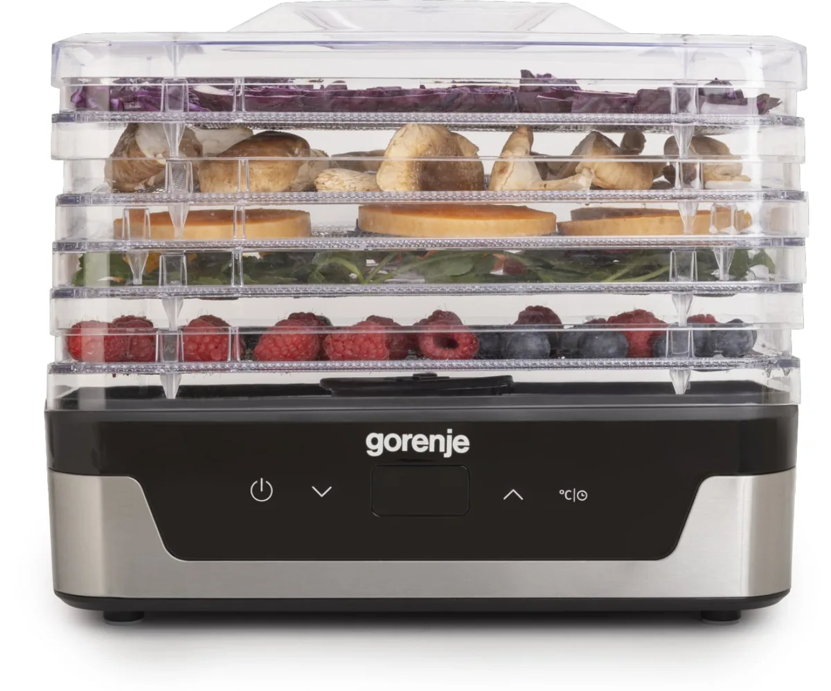 Сушилка для продуктов Gorenje, мощность 230 Вт, 5 поддонов по 28 см, диаметр 29 см, максимальная температура 75°C, электронное управление, белый цвет