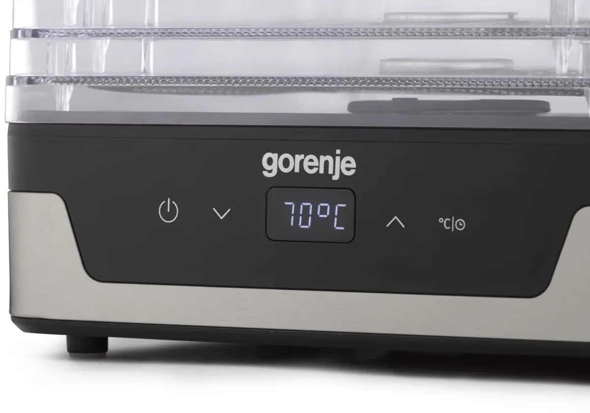 Сушилка для продуктов Gorenje, мощность 230 Вт, 5 поддонов по 28 см, диаметр 29 см, максимальная температура 75°C, электронное управление, белый цвет