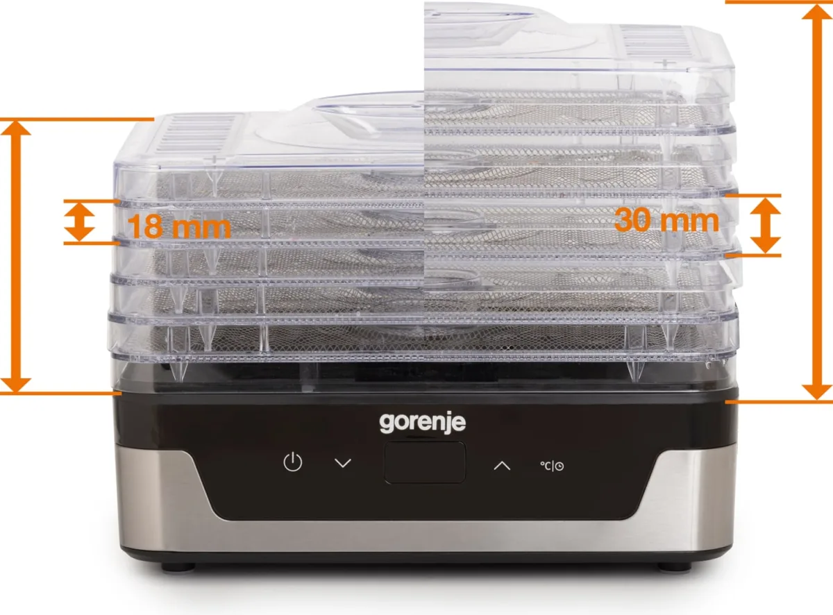 Сушилка для продуктов Gorenje, мощность 230 Вт, 5 поддонов по 28 см, диаметр 29 см, максимальная температура 75°C, электронное управление, белый цвет