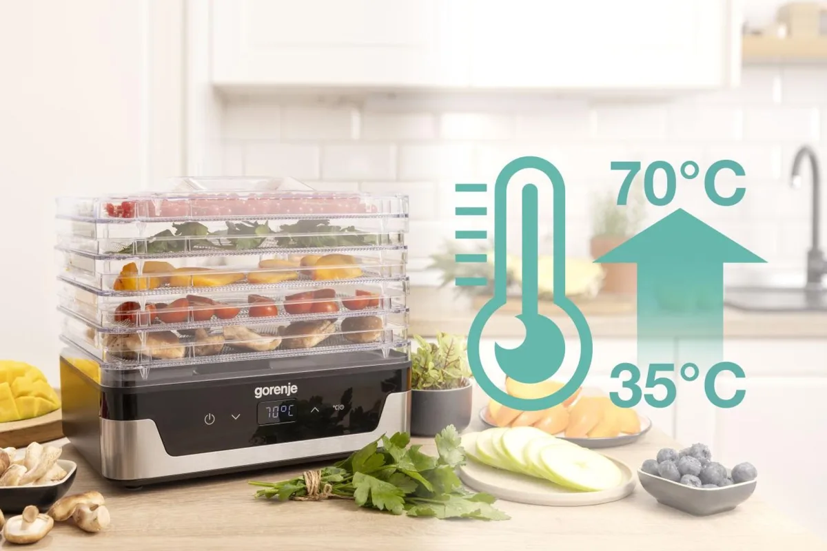 Сушилка для продуктов Gorenje, мощность 230 Вт, 5 поддонов по 28 см, диаметр 29 см, максимальная температура 75°C, электронное управление, белый цвет