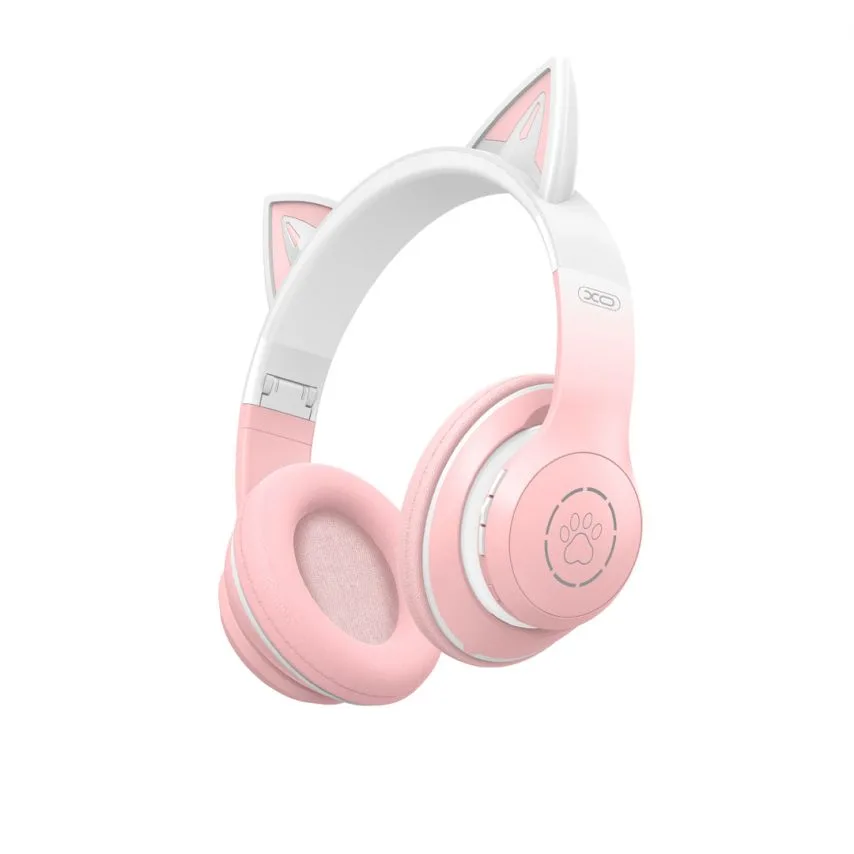 Детские наушники Bluetooth XO из искусственной кожи 195х175х80 мм розовые с ушками.
