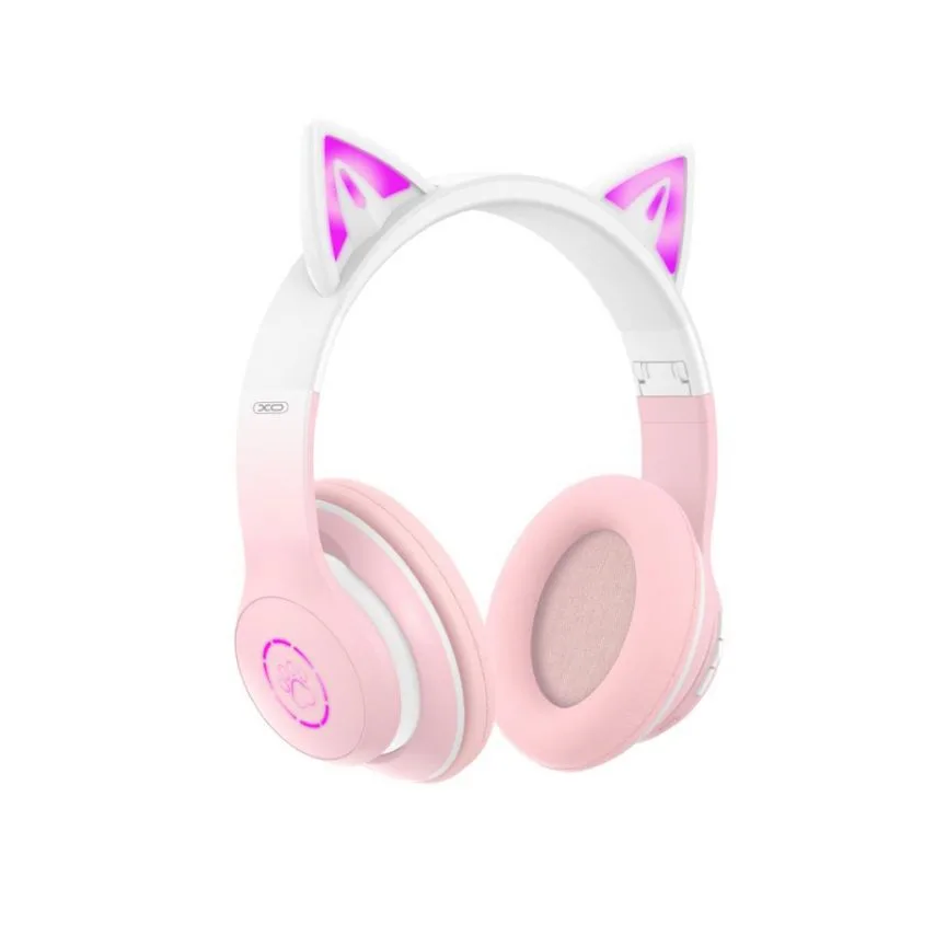 Детские наушники Bluetooth XO из искусственной кожи 195х175х80 мм розовые с ушками.