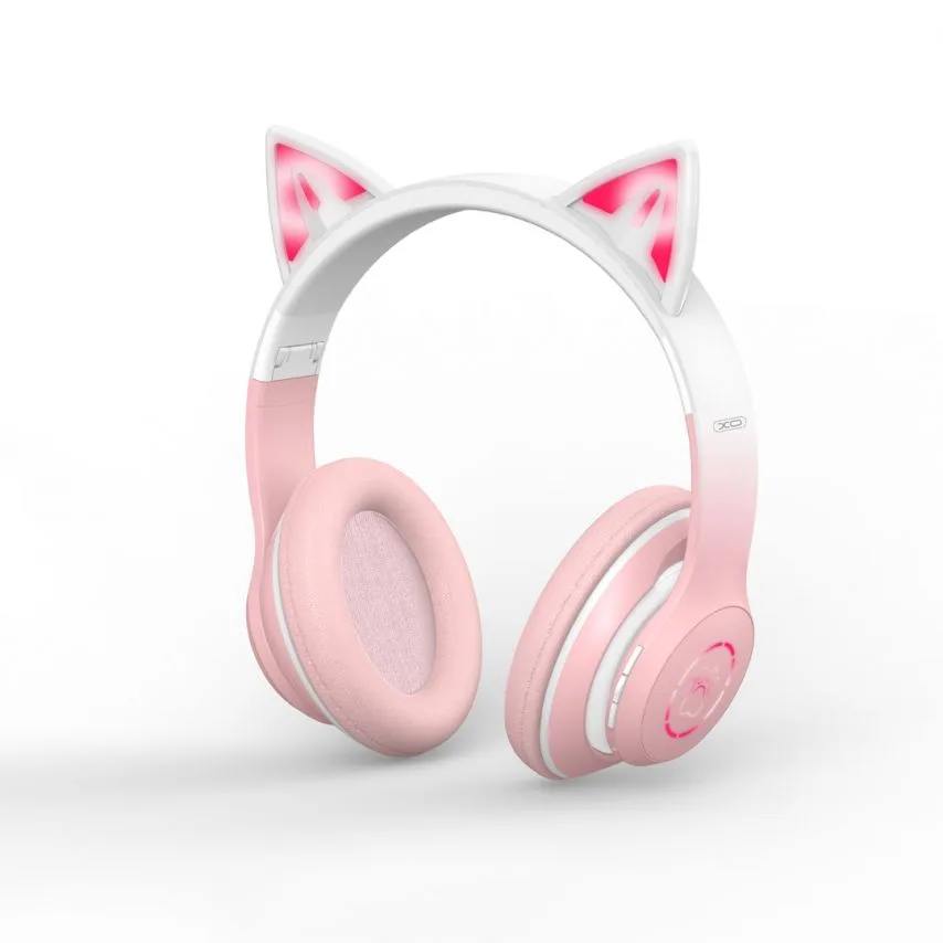 Детские наушники Bluetooth XO из искусственной кожи 195х175х80 мм розовые с ушками.