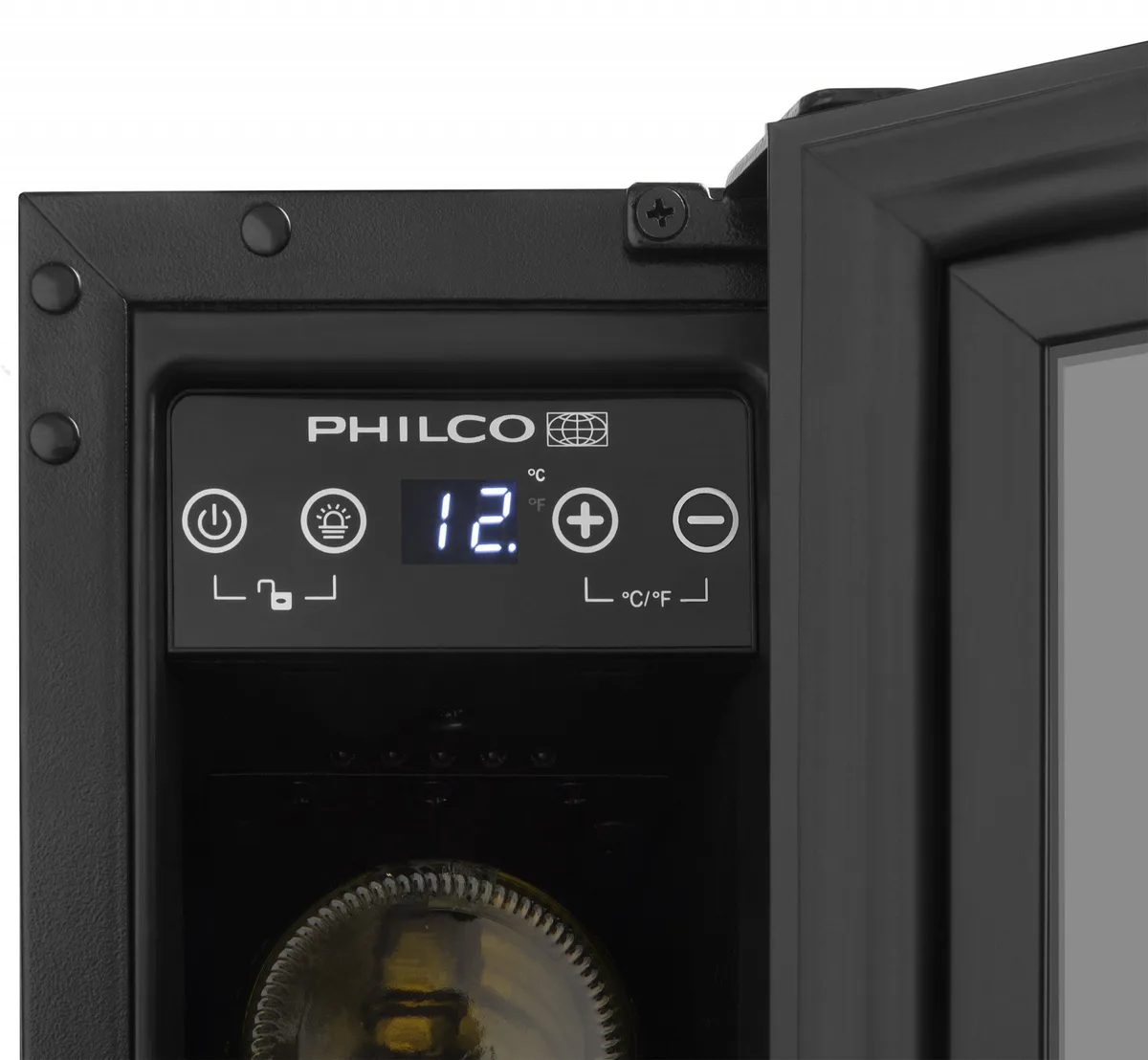 Винохолодильник Philco, 81.3х57х52.5 см, об'єм 26 л, 1 зона, вміщує 6 пляшок, дисплей, підсвітка, чорний.