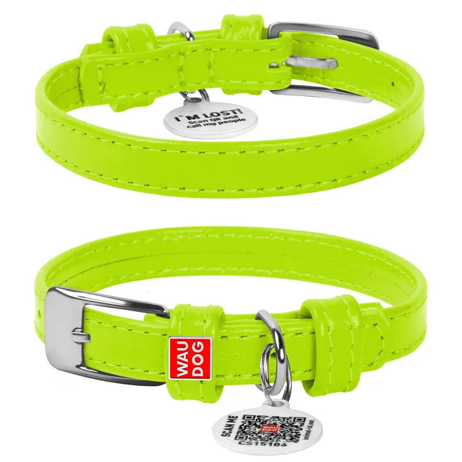 Нашийник WAUDOG Glamour XS 12 мм 21-29 см шкіряний салатовий з QR паспортом