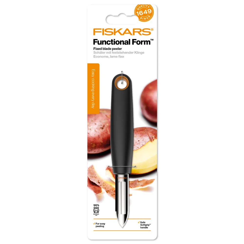 Овочечистка вертикальна Fiskars Functional Form, 26.7 см, з нержавіючої сталі та пластику, чорного кольору.
