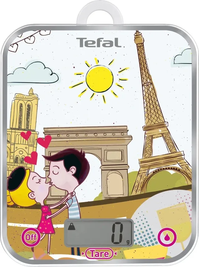 Кухонні ваги Tefal Optiss Decor, 5 кг, з двома батарейками AAA в комплекті, скляний корпус, різнокольоровий дизайн.