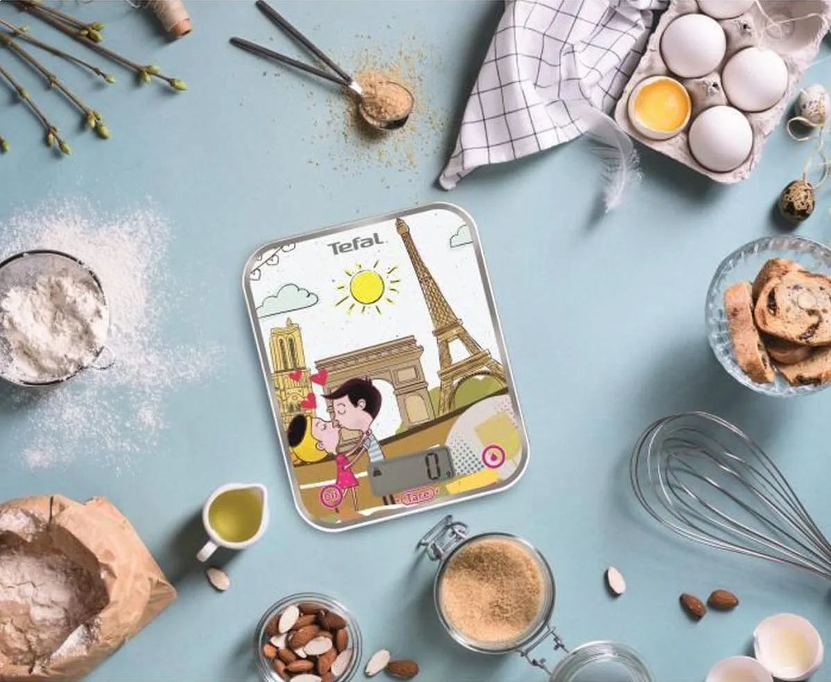 Кухонні ваги Tefal Optiss Decor, 5 кг, з двома батарейками AAA в комплекті, скляний корпус, різнокольоровий дизайн.