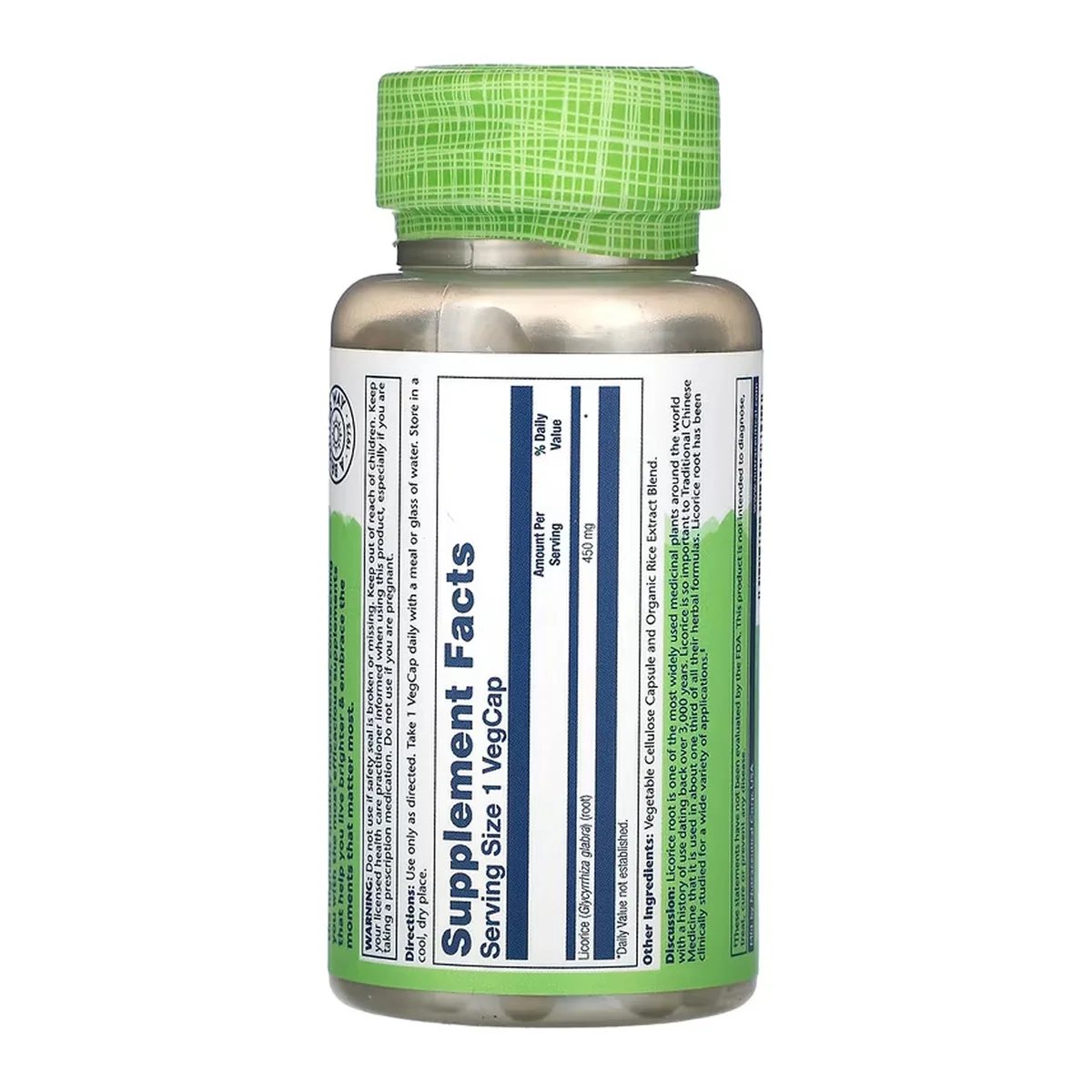 Корінь солодки Licorice 450mg 100 капсул веганський без ГМО Solaray