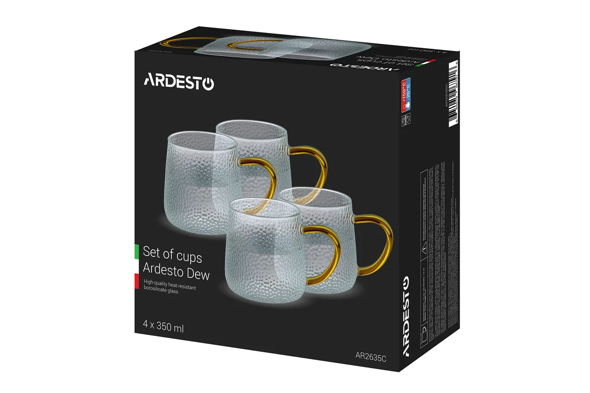 Набір скляних чашок ARDESTO Dew, 350 мл, 4 шт, боросилікатне скло, прозоре.