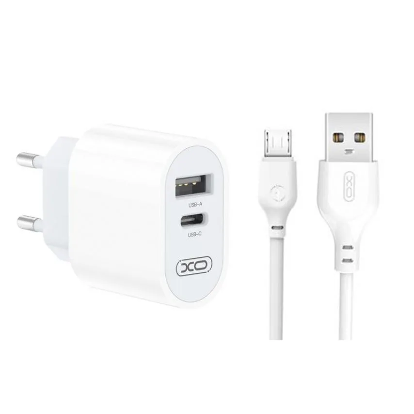 Сетевое зарядное устройство XO PC ABS 74х45х24 мм Белое 2.4A с кабелем Micro 1м