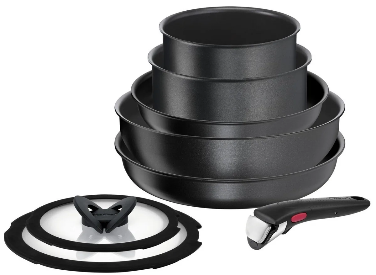 Набір кухонного посуду Tefal Ingenio Daily Chef з змінною ручкою, 8 предметів, виготовлений з алюмінію, бакеліту, силікону та скла