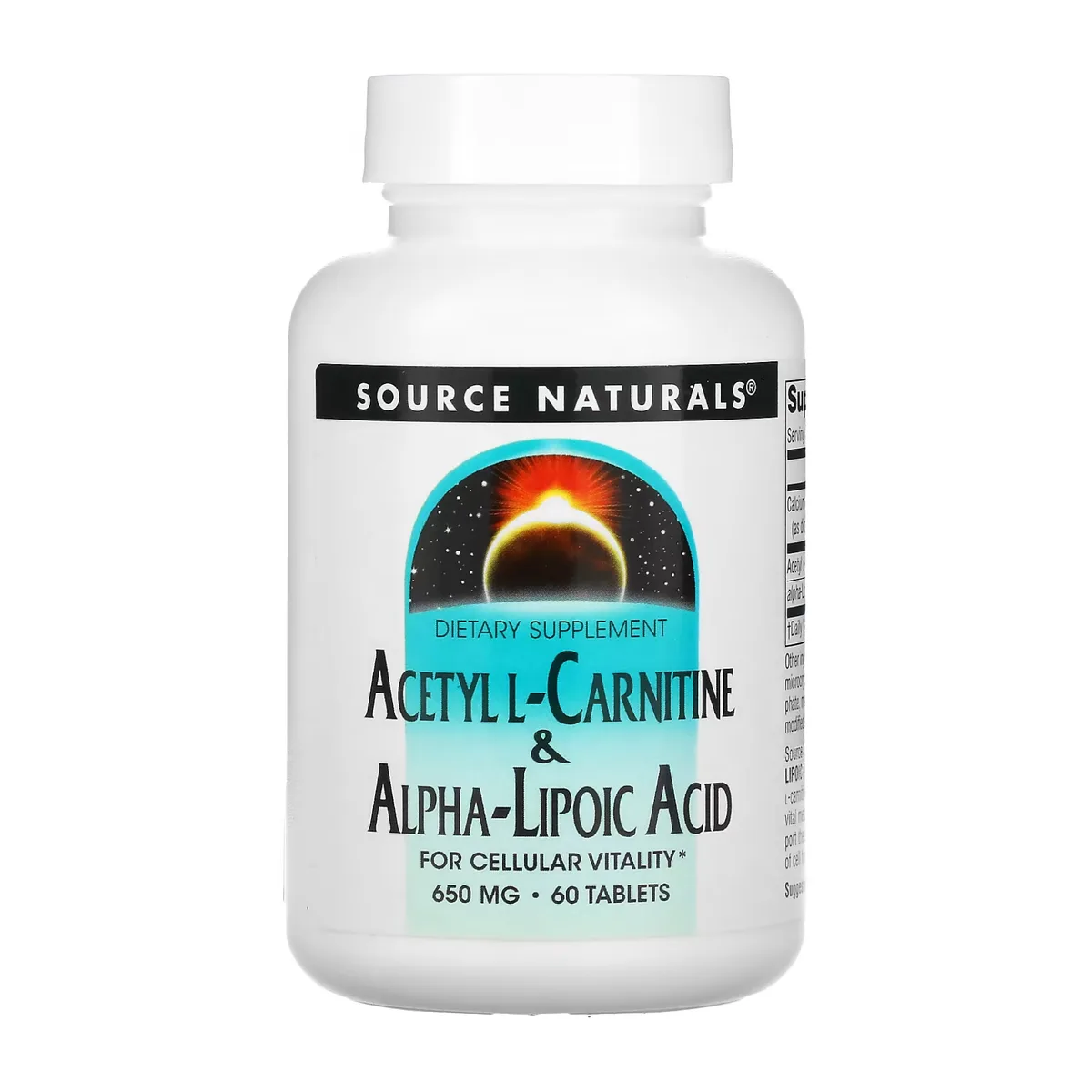 Ацетил L-карнітин та альфа-ліпоєва кислота Source Naturals 650 мг 60 таблеток для клітинної життєздатності