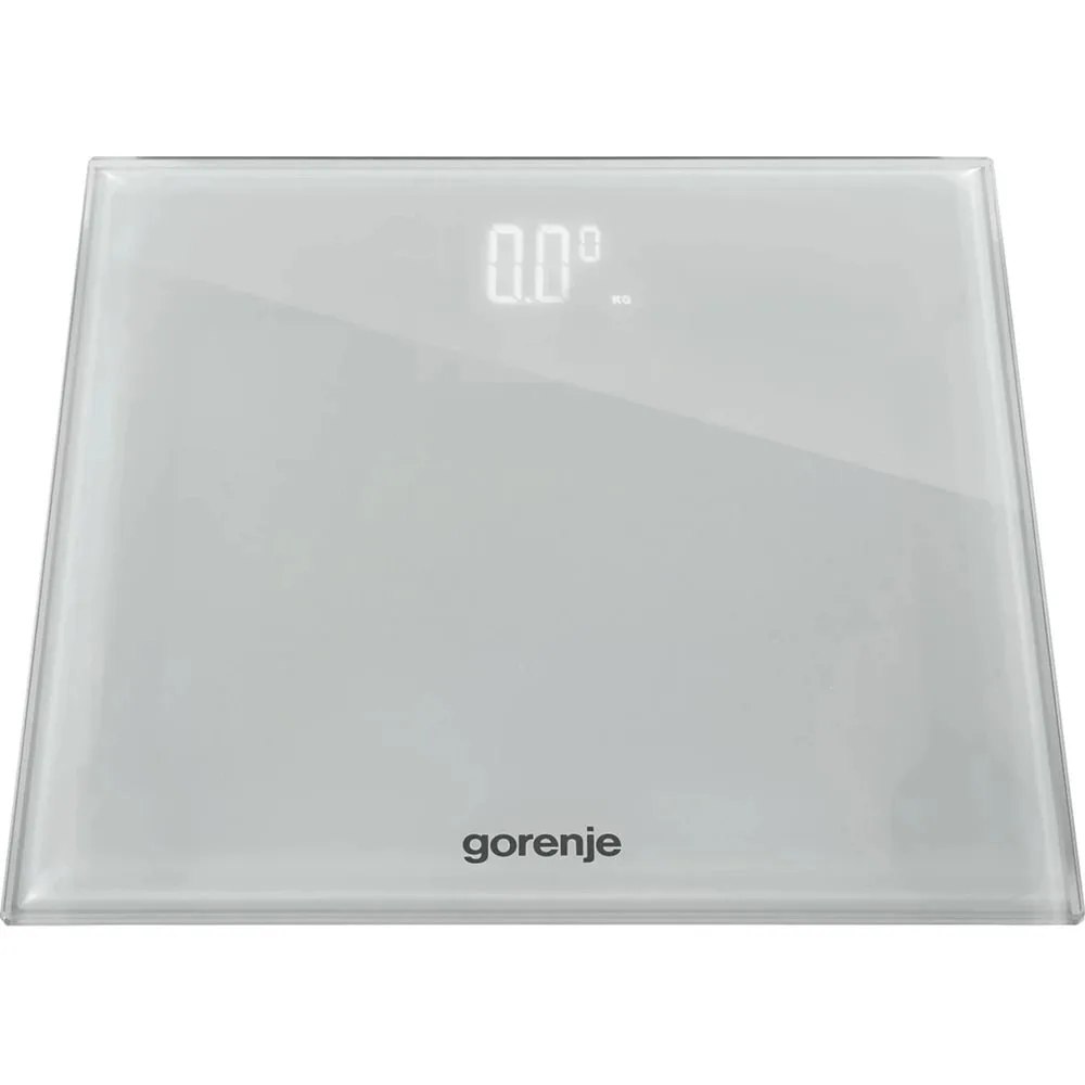 Ваги підлогові Gorenje, 180 кг, з цифровим дисплеєм, скляний корпус, білий колір.