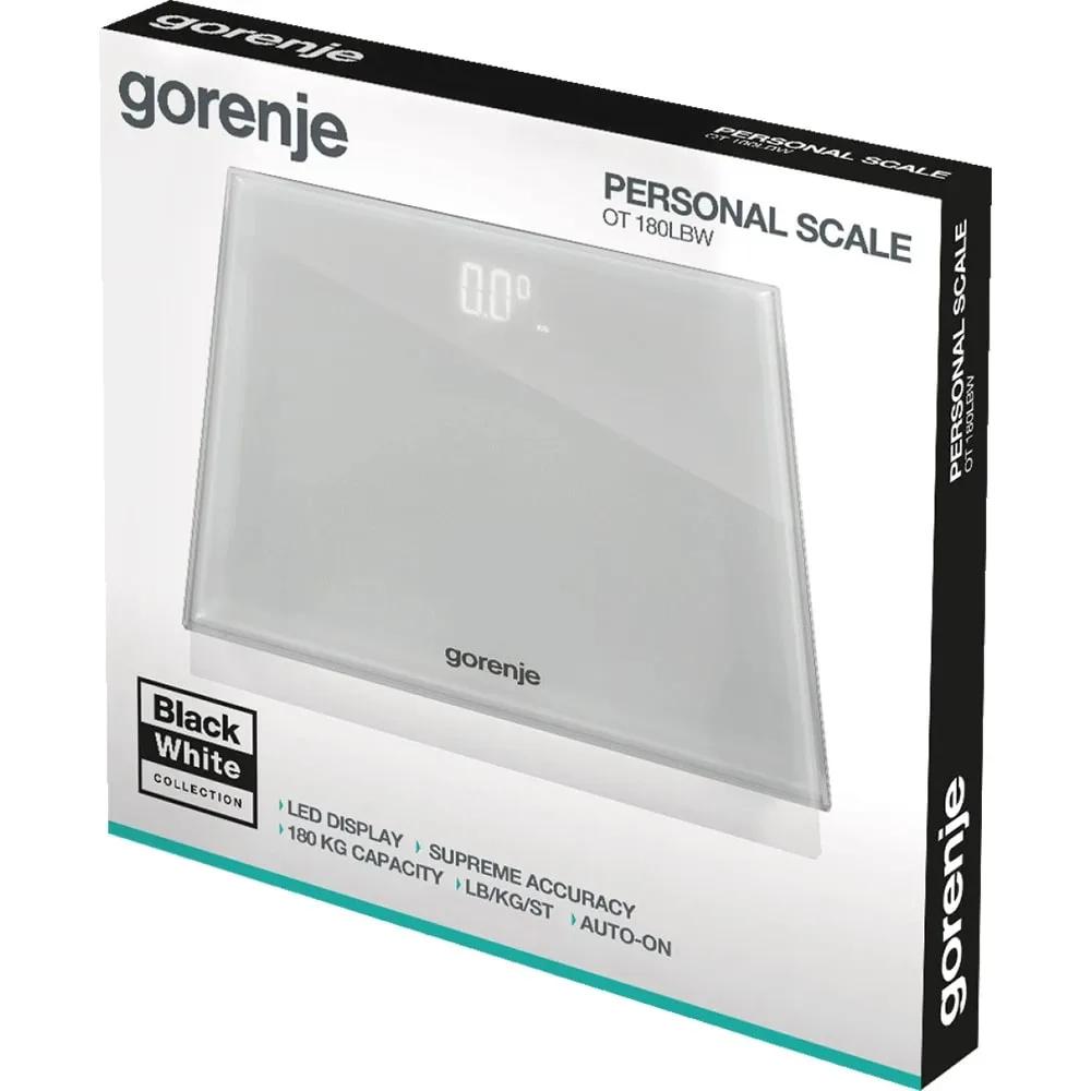 Ваги підлогові Gorenje, 180 кг, з цифровим дисплеєм, скляний корпус, білий колір.