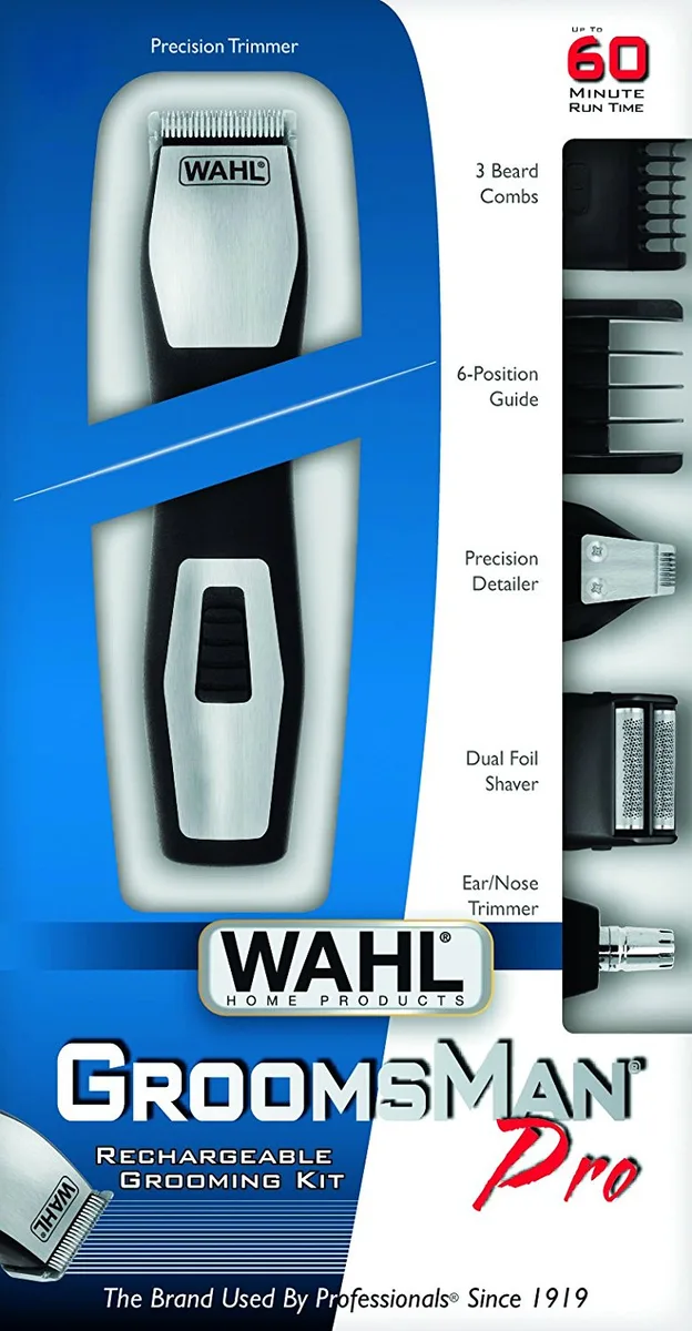 Тример WAHL Groomsman для догляду за бородою, вусами, бровами, носом та тілом, акумуляторний, роторний, з 6 насадками, з нержавіюч