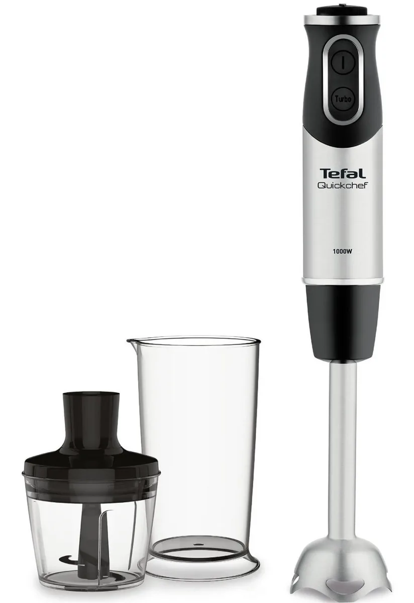 Блендер Tefal заглибний Quickchef 1000Вт, 2в1, чаша 500 мл, подрібнювач 500 мл, нержавіюча сталь, чорний.
