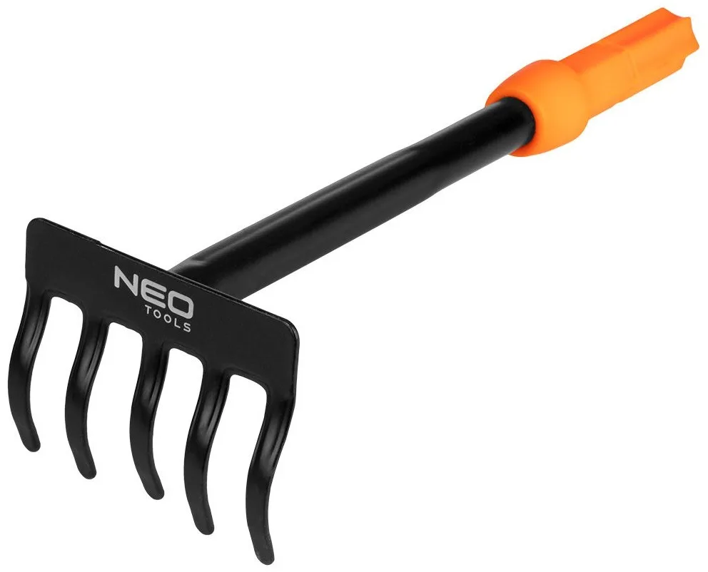 Граблі садові Neo Tools сталь 25 см чорні з помаранчевим 5 зубців 8,5 см