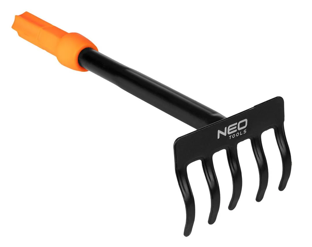 Граблі садові Neo Tools сталь 25 см чорні з помаранчевим 5 зубців 8,5 см