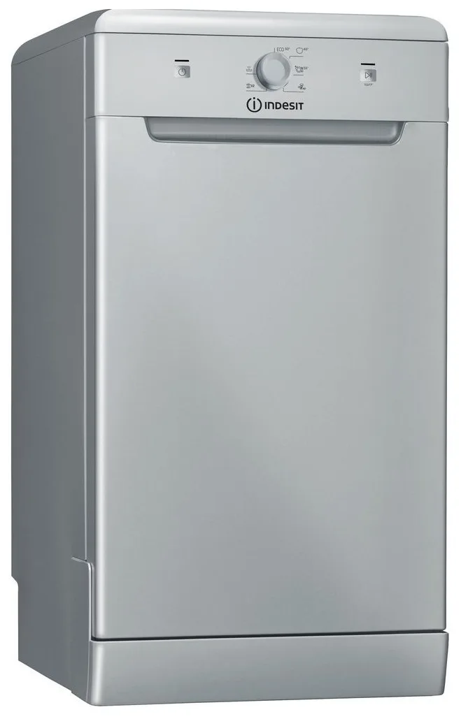Посудомийна машина Indesit, на 10 комплектів, клас енергоефективності A+, ширина 45 см, сріблястого кольору.