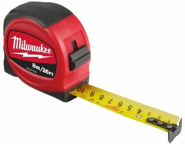 Рулетка Milwaukee Slimline S8-26/25, 8м х 25мм, з механізмом фіксації, виготовлена з АБС-пластика.