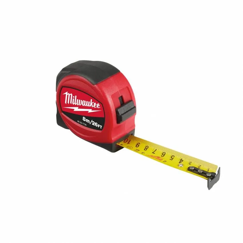 Рулетка Milwaukee Slimline S8-26/25, 8м х 25мм, з механізмом фіксації, виготовлена з АБС-пластика.