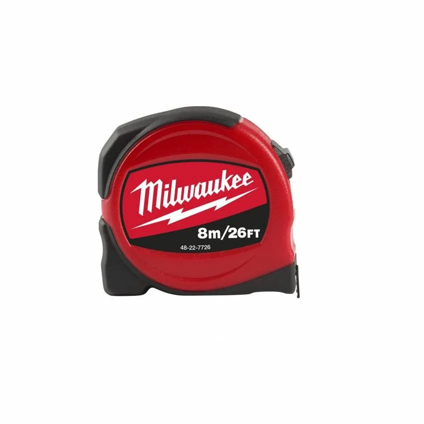 Рулетка Milwaukee Slimline S8-26/25, 8м х 25мм, з механізмом фіксації, виготовлена з АБС-пластика.