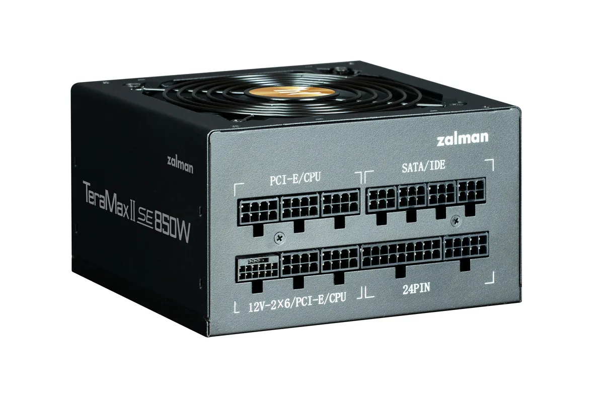 Блок питания Zalman Teramax II SE (850W) 89%, 80+ Gold, 120мм, 1xMB 28pin (18+10), 2xCPU(4pin+ 4pin), 3xMolex, 12xSATA, 4xPCIe 8pin(6+2), 1xPCIe GEN5 16pin, Полностью модульный.