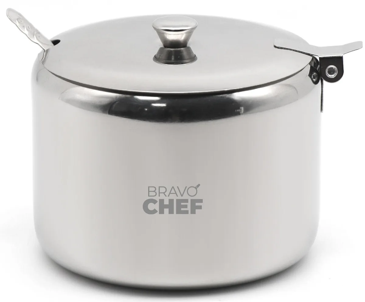 Цукорниця Bravo Chef нержавіюча сталь 8,5х8х7,5 см з кришкою та ложкою