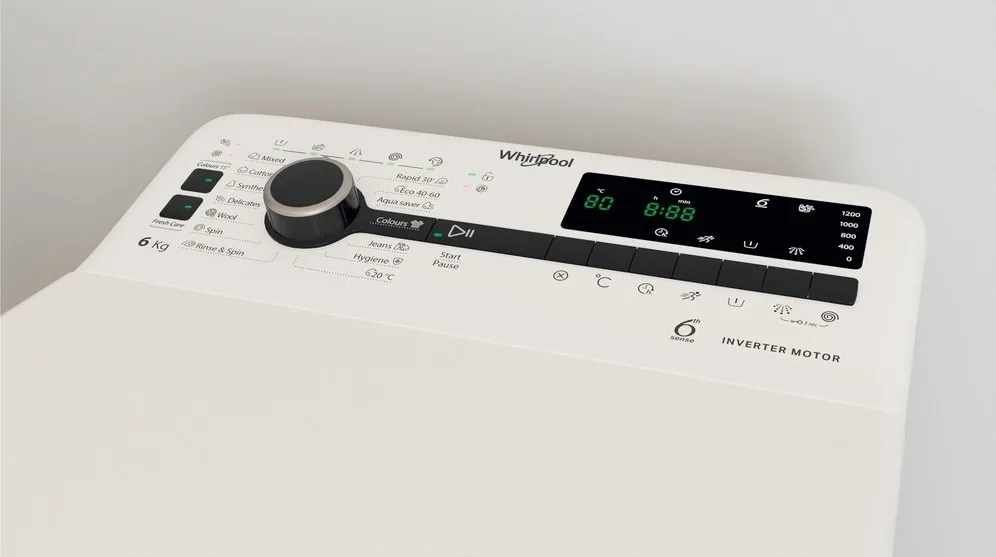 Пральна машина Whirlpool з вертикальним завантаженням, 6 кг, 1200 об/хв, клас енергоспоживання B, ширина 60 см, з дисплеєм та інве