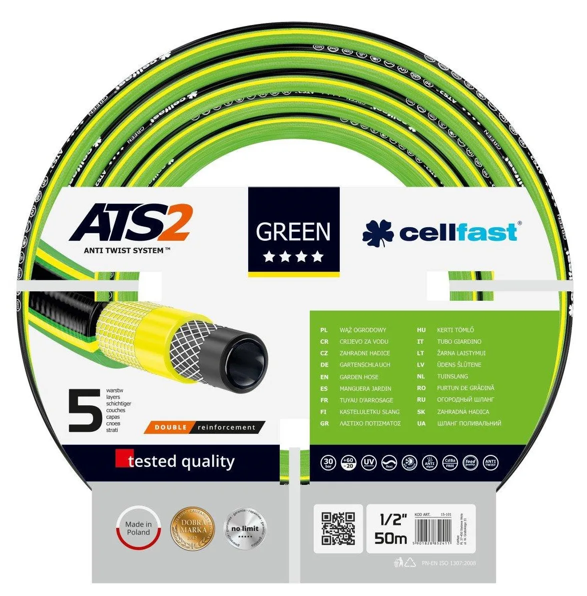 Садовий шланг Cellfast GREEN ATS 1/2" 50м, 5-шаровий, для тиску до 30 бар, температурний діапазон -20...+60°C.